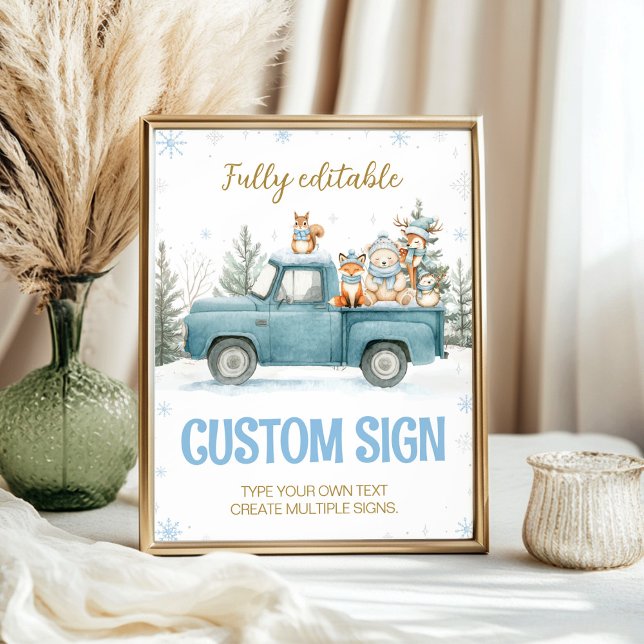 Poster Woodland Animals Blue Winter Birthday Custom Sign (Criador carregado)