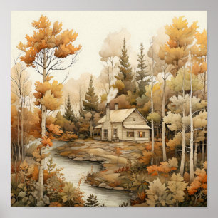 Poster Woodland Art Cozy Cabin Woods Painting