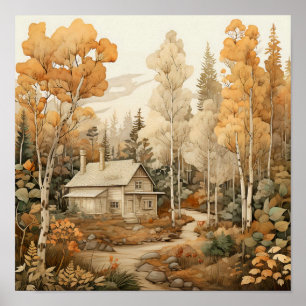 Poster Woodland Art Cozy Cabin Woods Painting