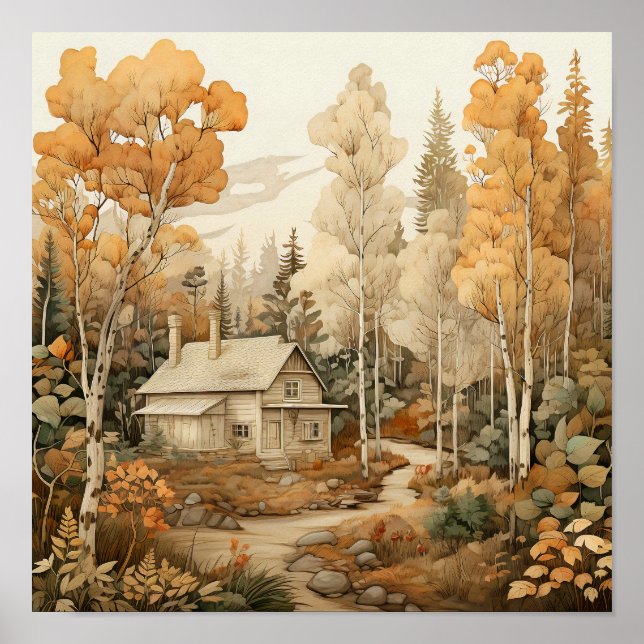 Poster Woodland Art Cozy Cabin Woods Painting (Frente)
