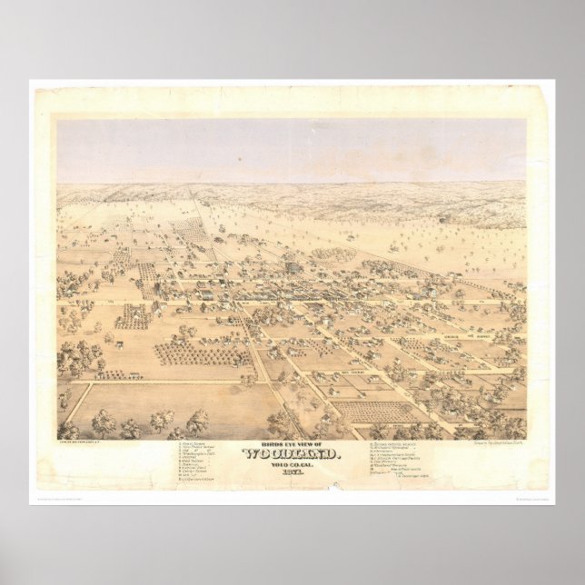 Poster Woodland, CA. Mapa Panorâmico (1874A) (Frente)