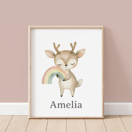 Poster Woodland Deer Hugging A Boho Rainbow Cute Nursery