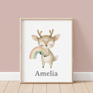 Poster Woodland Deer Hugging A Boho Rainbow Cute Nursery