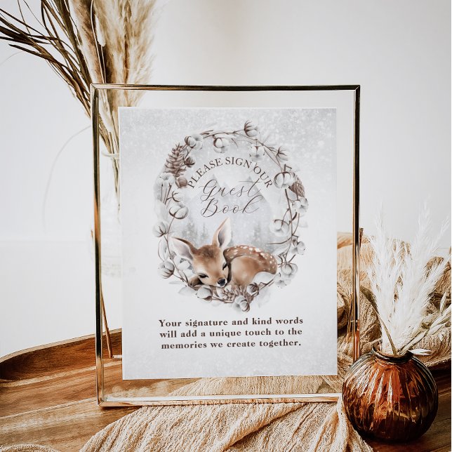 Poster Woodland Deer Winter Chá de fraldas Guest Book (Criador carregado)