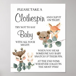 Poster Woodland Don't say baby game baby shower sign