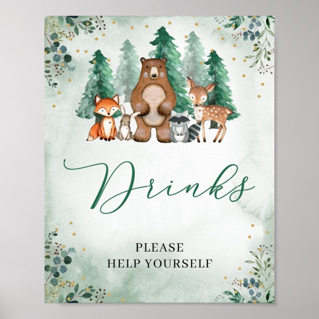 Poster Woodland Drinks - sinal de animais Chás de fraldas (Frente)