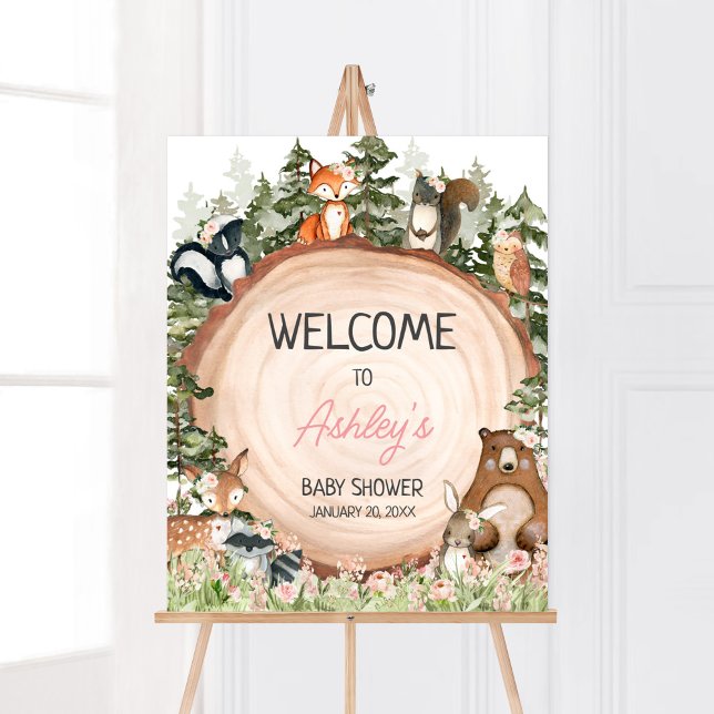 Poster Woodland Floral Wood Slice Bem-Vindo (Floral Woodland Animals Baby Shower Welcome Sign)