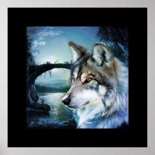 Póster woodland forest moonlight full moon wolf
