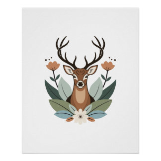 Póster Woodland Harmony – Boho Deer Botanical Illustratio