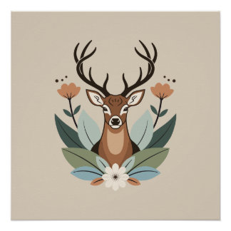 Póster Woodland Harmony – Boho Deer Botanical Illustratio