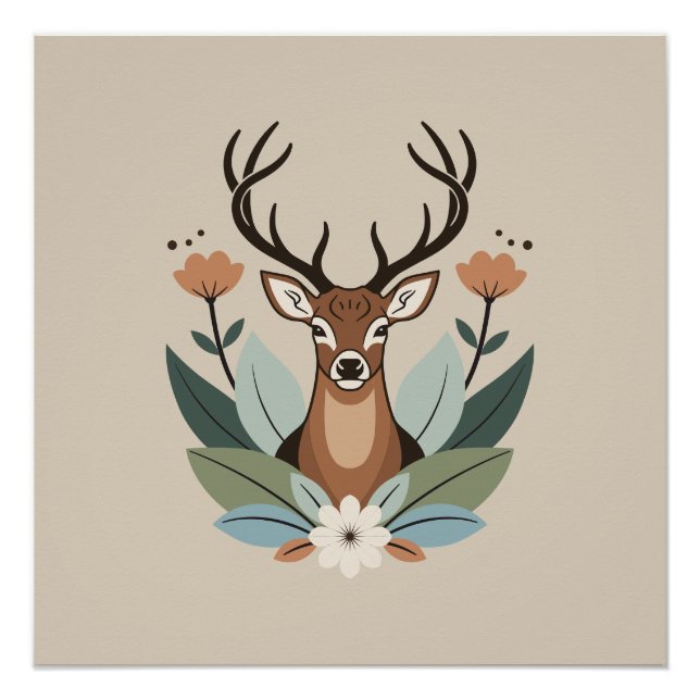 Póster Woodland Harmony – Boho Deer Botanical Illustratio (Frente)
