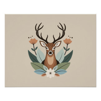 Póster Woodland Harmony – Boho Deer Botanical Illustratio