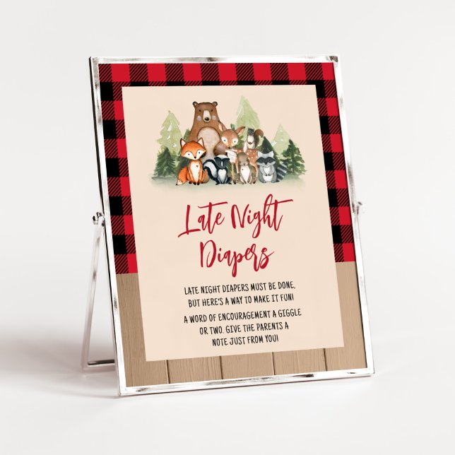 Poster Woodland Lumberjack Chá de fraldas Noite Tarde Fra (Plaid Lumberjack Baby Shower Late Night Diapers Sign)