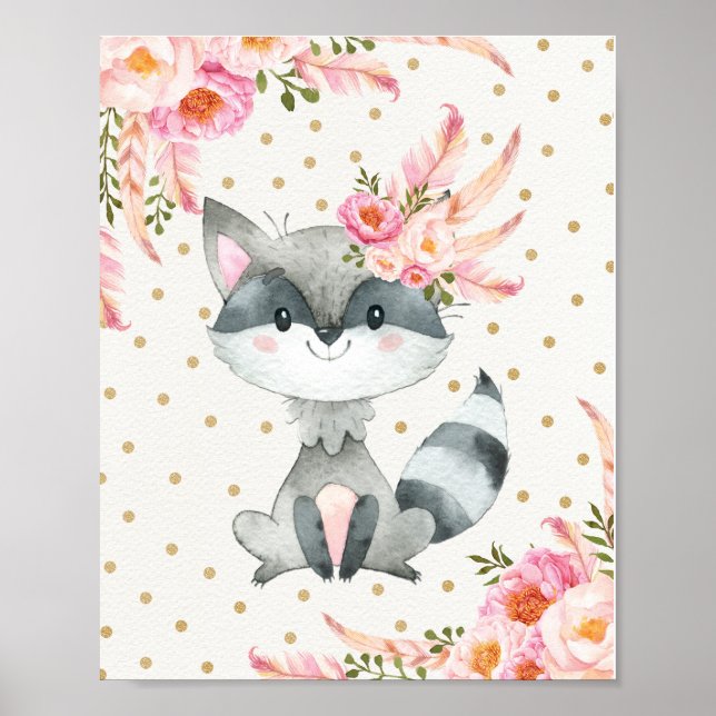 Póster Woodland Raccoon Nursery Art Boho Decor Floral (Frente)