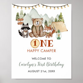 Poster Woodland Um Feliz Camper Primeiro Aniversário Bem-