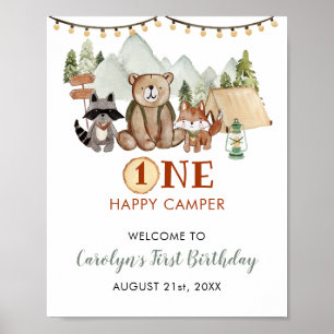 Poster Woodland Um Feliz Camper Primeiro Aniversário Bem-