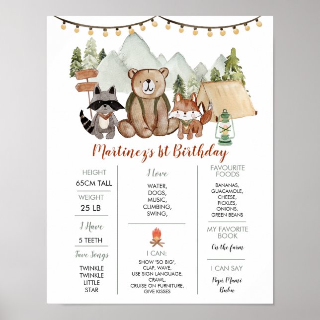 Poster Woodland Um Feliz Camper Primeiro Aniversário Mile (Frente)