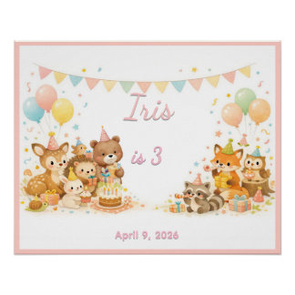 Póster Woodland Wild Animals Forest Party Pastel Pink