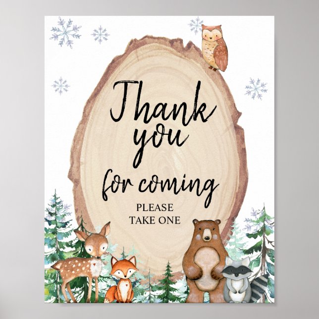 Poster Woodland Winter Animal Obrigado por vir (Frente)