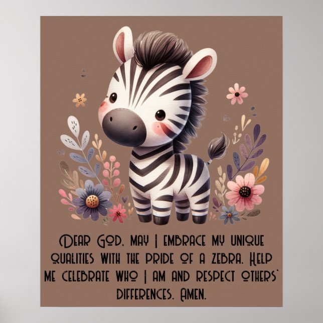 Poster Woodland Zebra Crianças Oração Cristã em Brown | (Frente)