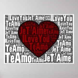 Póster Word Art: "Amo-te" 3 línguas - Coração Vermelho