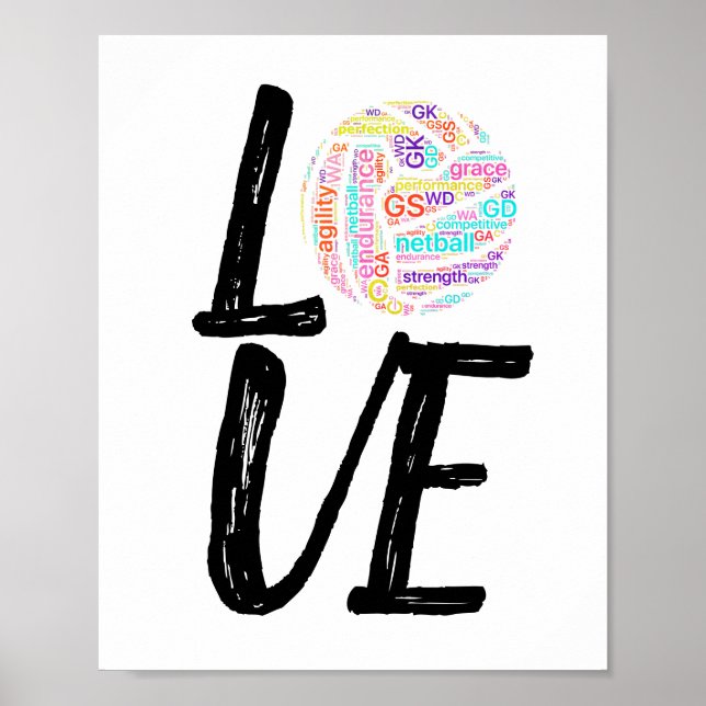 Póster Word Art Ball Design Love Netball (Frente)