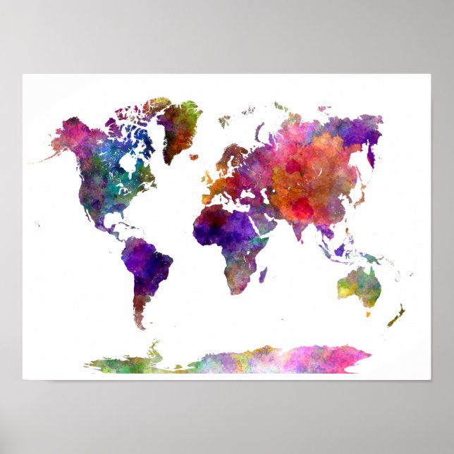 Poster World map in watercolor purple and blue (Frente)