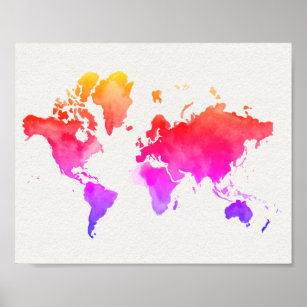 Poster World Map Watercolor Rainbow