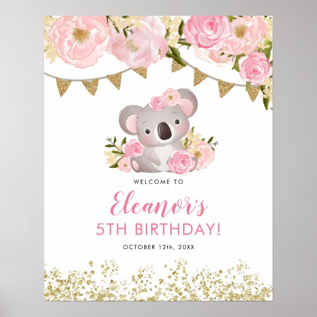 Poster Wreath Floral Rosa, Boas-vindas ao Aniversário de  (Frente)