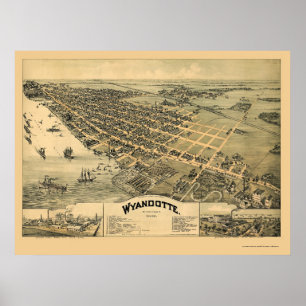 Póster Wyandotte, mapa panorâmico do MI - 1896