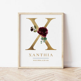 Poster X - Letra Monograma Nome Marsala Floral Nursery