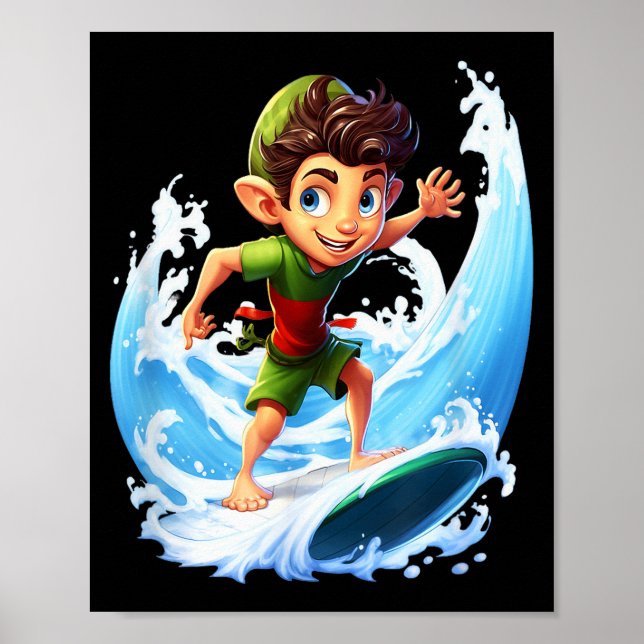 Poster X-mas Christmas Elf Riding Surfboard Surfboard  (Frente)