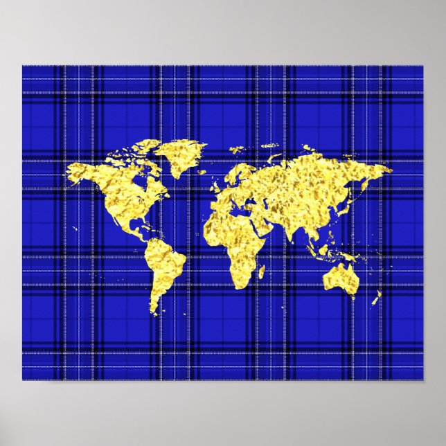Póster Xadrez Azul do Mapa do Mundo Dourado (Frente)