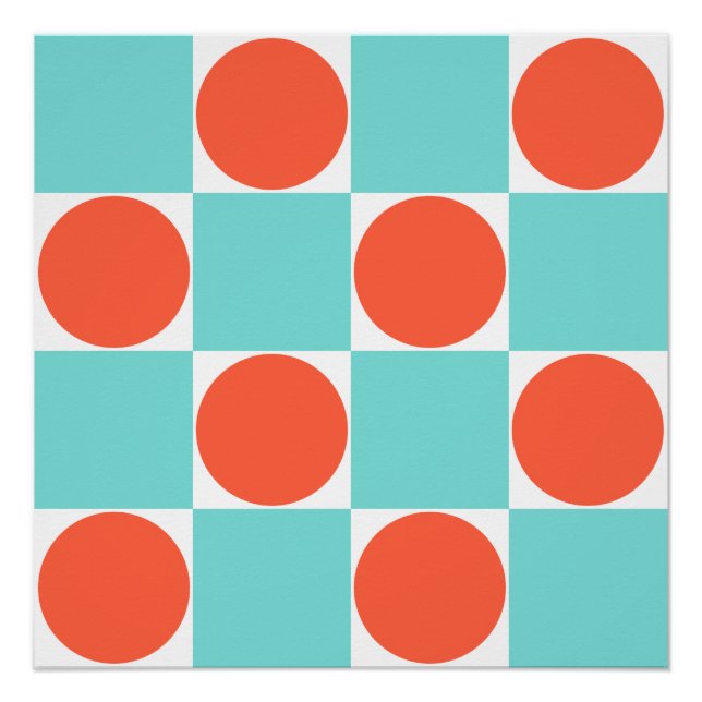 Póster Xadrez de Círculos Coral e Água (Frente)