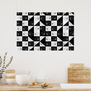 Poster Xadrez preto e branco vintage e flores