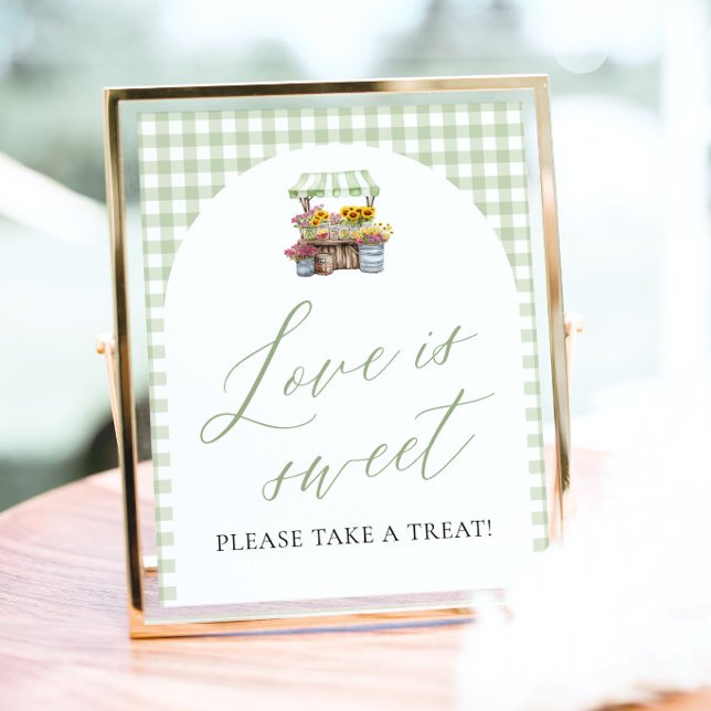 Poster Xadrez Verde Fresco do Mercado O Amor é Doce (Green Gingham Fresh Off The Market Love is Sweet Pedestal Sign)
