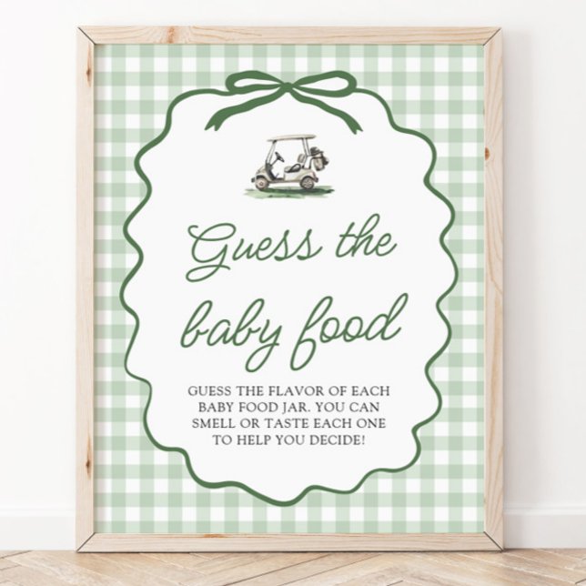 Poster Xadrez Verde Salvia Jogo de Advinhação de Comida d (Sage Green Gingham Golf Guess the Baby Food Game Sign)