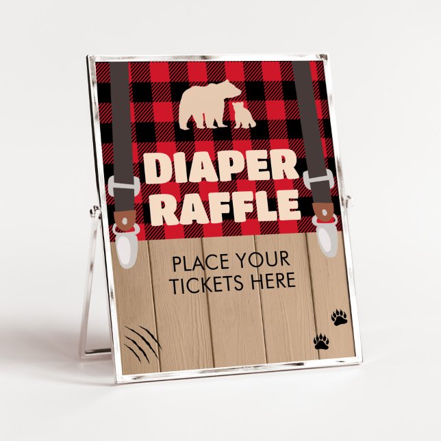 Poster Xadrez Vermelha Fralda de Lumberjack Raffle (Plaid Lumberjack Baby Shower Diaper Raffle Sign)
