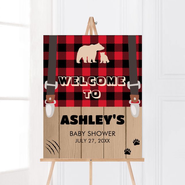 Poster Xadrez Vermelha  Lumberjack Chá de fraldas Bem-vin (Plaid Lumberjack Baby Shower Welcome Sign)