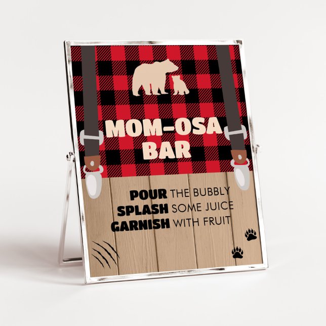 Poster Xadrez Vermelha Lumberjack Mãe Bar Osa (Plaid Lumberjack Baby Shower Mom Osa Bar Sign)