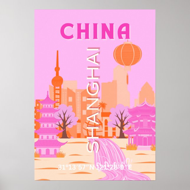 Poster Xangai China Viagem Arte Rosa (Frente)