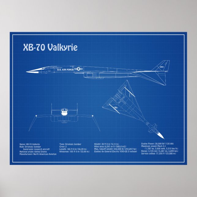 Poster XB-70 Valkyrie - Planos de avião Blueprint AD (Frente)