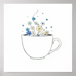 Poster Xícara de Café com Arte de Linha de Vapor Floral