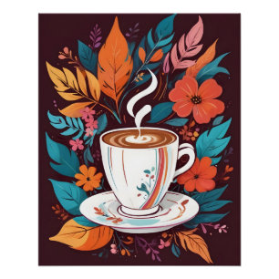 Póster Xícara de café com Poster de Folhas Coloridas