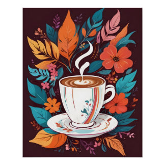 Póster Xícara de café com Poster de Folhas Coloridas