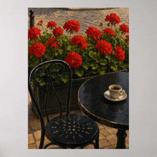 Poster Xícara de Café em Mesa de Café ao Lado de Gerânios