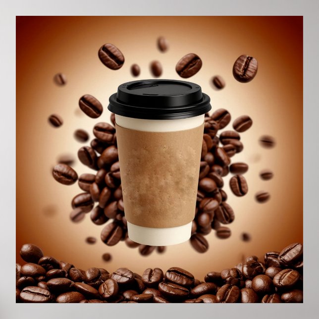 Poster Xícara de café flutuante com grãos de café (Frente)