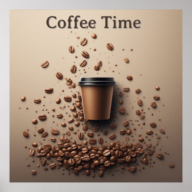 Poster Xícara de café flutuante com grãos de café (Frente)