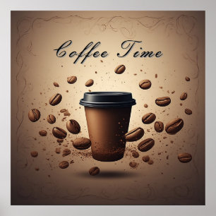 Poster Xícara de Café Flutuante Com Grãos de Café