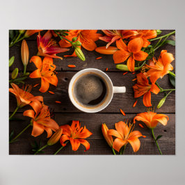 Poster Xícara de café rodeada por flores laranja vibrante